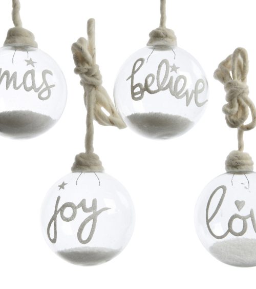 Palline per Albero Love, Joy, Xmas, Believe. Effetto neve