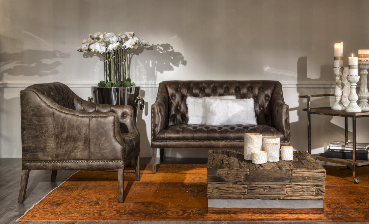 Capitonné brown Leather straigh Sofa
