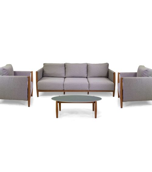 Salotto da esterno alluminio Colton effetto legno 3 posti c/ cuscini beige