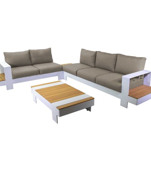 Salotto da esterno Idaho alluminio angolare bianco 2 posti + 3 posti + tavolino + side table
